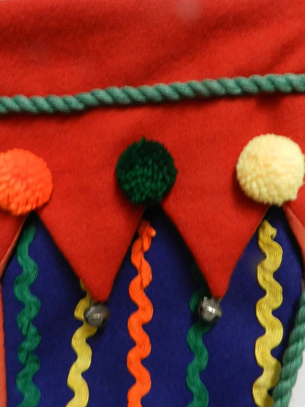 Crate & Barrel Christmas Jester Stocking Holidays w/ Pom Poms & Bells Vintage